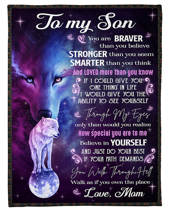 Personalized Blanket To My Son From Mom Believe In Yourself Old & Baby Wolf Print Star Night Idea Custom Name