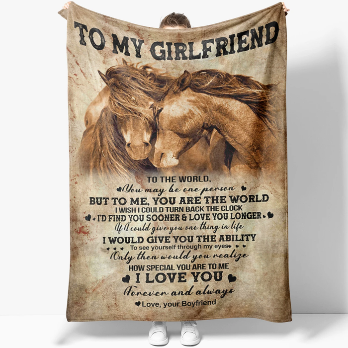 Personalized To My Girlfriend From Boyfriend To Me You Are The World Horse Couple Printed Vintage Background Blanket