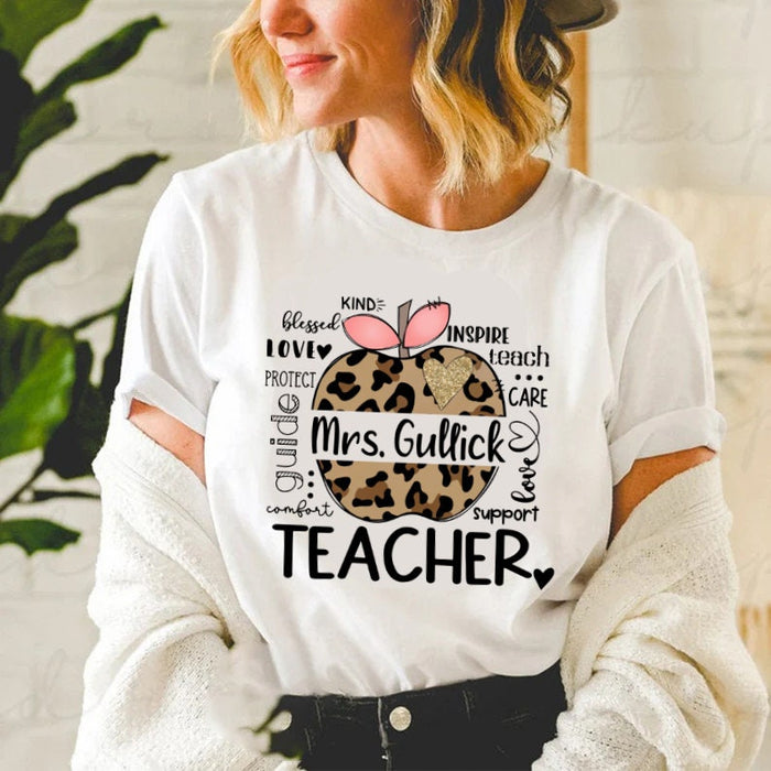 Personalized T-Shirt For Teacher Leopard Apple Teach Love Inspire Custom Name Shirt Gifts For Back To School