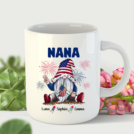 Personalized Ceramic Coffee Mug For Grandma Gnome Fireworks USA Flag Custom Grandkids Name 11 15oz 4th Of July Cup