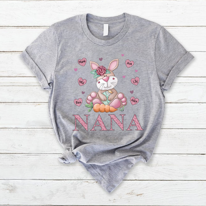 Personalized T-Shirt For Grandma Nana Bunny Flower Carrot & Heart Printed Custom Grandkids Name Happy Easter Day Shirt