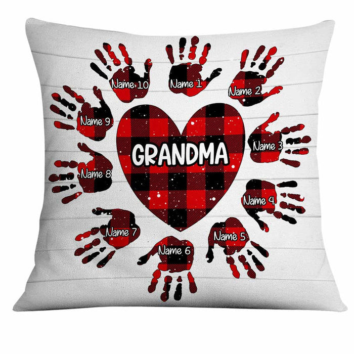 Personalized Square Pillow For Grandma Red Black Checkered Heart Hand Custom Grandkids Name Sofa Cushion Christmas Gifts