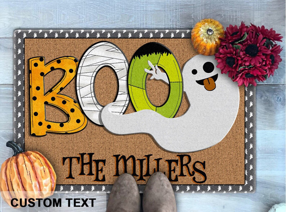 Personalized Welcome Doormat For Fall Lovers Cute Pumpkin & Maple Leaves Printed Custom Last Name Monogram Design