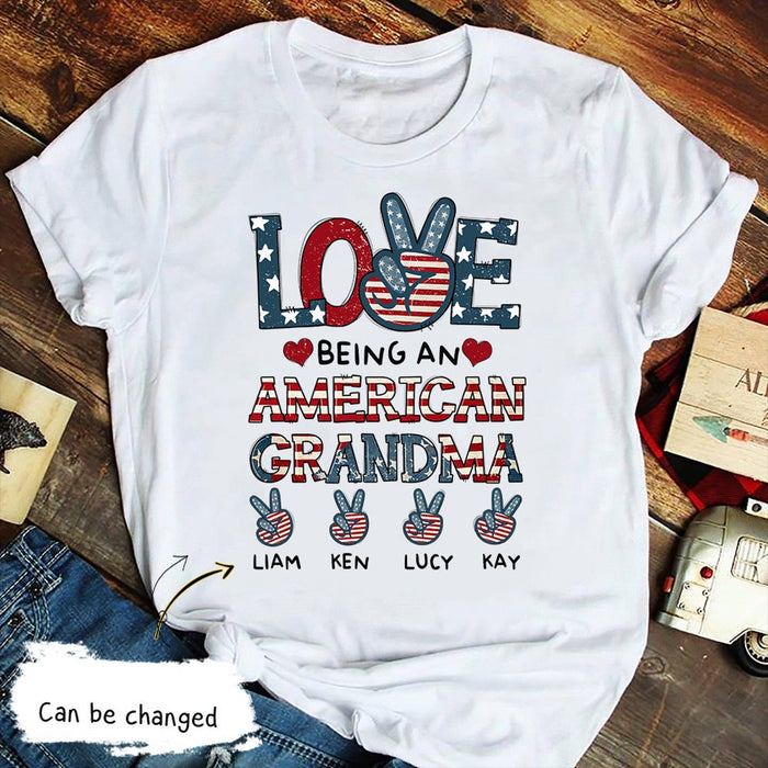 Personalized T-Shirt For Women Love Being An American Grandma Custom Nickname & Grandkids Name US Flag Hand Sign Printed