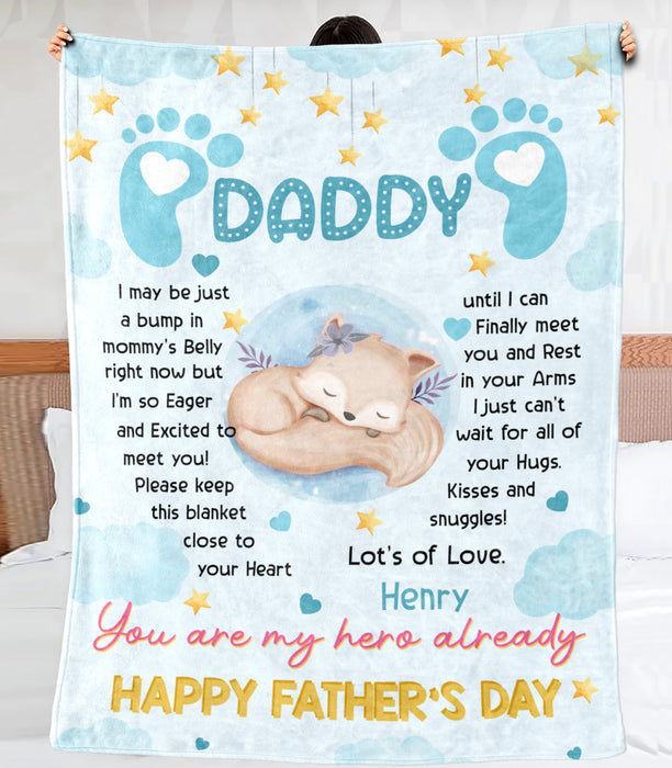Personalized Fleece Sherpa Blanket From Baby Boy To Expecting Dad Cute Fox I Just Can't Wait Custom Name For Fathers Day