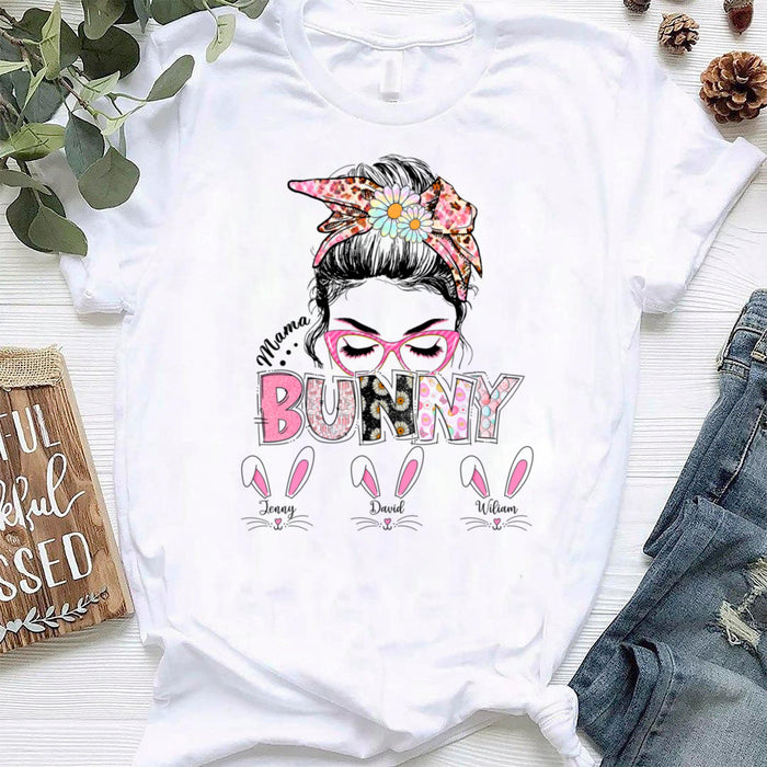 Personalized T-Shirt For Grandma Mom Mama Bunny Messy Bun Hair Woman Custom Grandkids Name Happy Easter Day Shirt