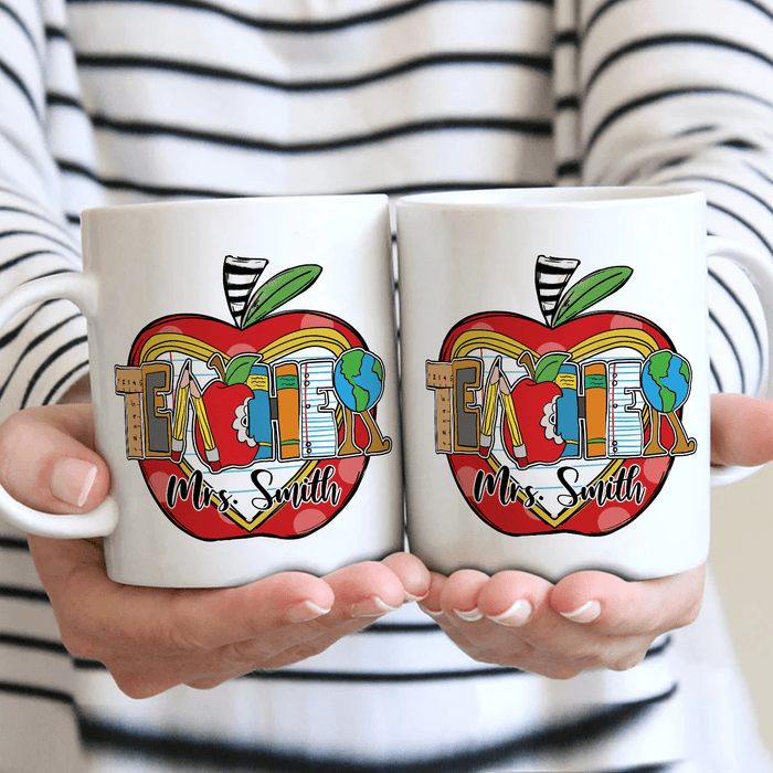 Personalized Coffee Mug For Teacher School Supplies Red Apple Custom Name Ceramic White Cup Gifts For Back To School