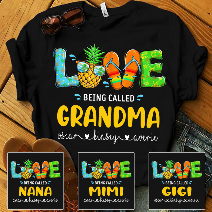 Personalized T-Shirt Love Being Called Grandma Summer Design With Pineapple Flip-Flop Printed Custom Grandkids Name