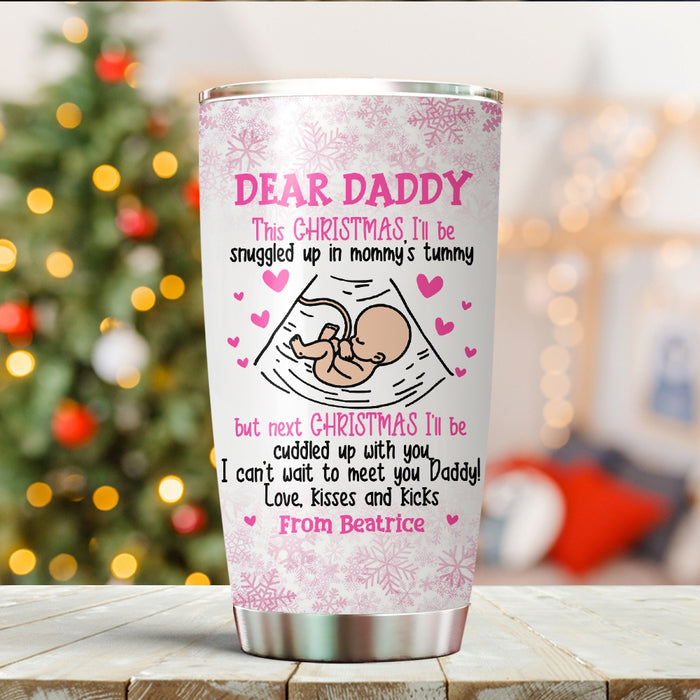 Personalized Tumbler Gifts For New Dad Snowflake Ultrasound Can't Wait Meet You Custom Name Travel Cup For 1st Christmas