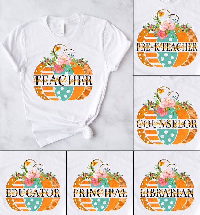 Personalized T-Shirt For Teacher Cute Pumpkin With Flower Above Polka Dot Stripe Plaid Design Custom Title Fall Shirt