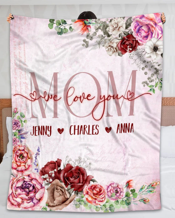 Personalized Blanket For Mom Grandma We Love You Colorful Flower Printed Custom Kids Name Monogram Design