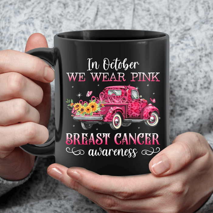 Novelty Ceramic Coffee Mug For Breast Cancer Awareness Sunflower Ribbon And Pink Truck Printed 11 15oz Cup