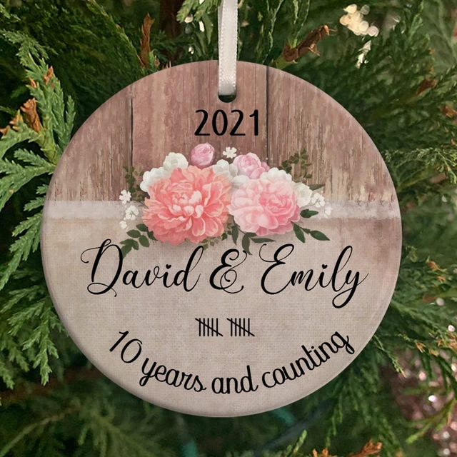 Personalized Ornament Gifts For Couples Rustic Wood Old Pink Flower Custom Name Tree Hanging On Anniversary Valentines