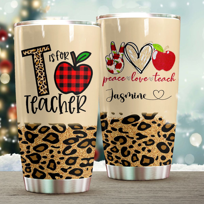 Personalized Travel Cup For Teacher Peace Love Teach Leopard Plaid Apple 20oz Tumbler Custom Name Back To School Gifts