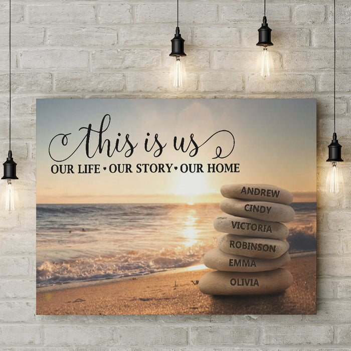 Personalized Wall Art Canvas For Family Our Life Story Sunrise On The Beach Stones Poster Print Custom Multi Name