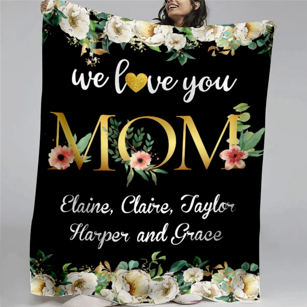 Personalized Black Premium Fleece Blanket Print White Flower To My Mom From Kids We Love You Mom Custom Kids Name