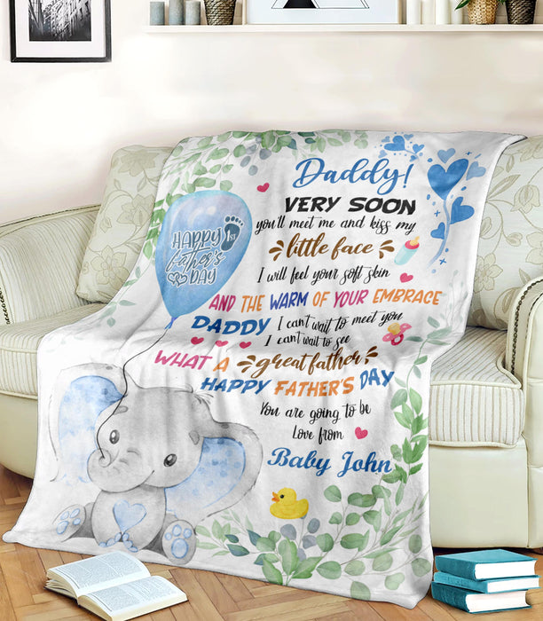 Personalized Blanket To My Dad From Baby Bump Happy First Father's Day Cute Cartoon Baby Elephant Print Custom Name