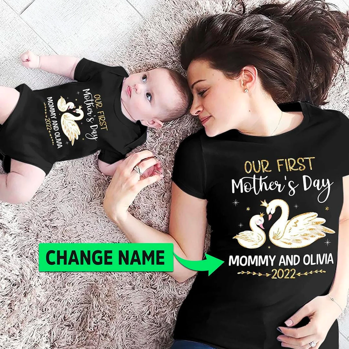 Personalized Matching T-Shirt & Baby Onesie Our First Mother'S Day Mommy & Baby Cute Swan Printed Custom Name