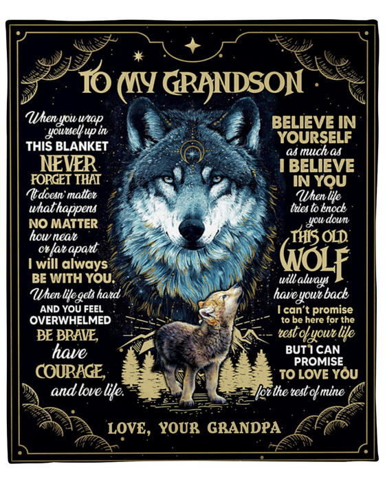 Personalized Mandala Blanket To My Grandson Bohemian Wolf Night Fleece Blankets Custom Name