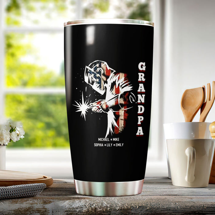 Personalized Tumbler For Grandpa From Grandkids Papa Welder Vintage American Flag Custom Name Travel Cup Birthday Gifts