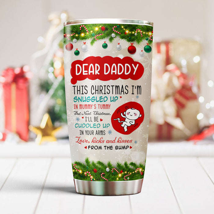 Personalized Tumbler Gifts For 1st Time Dad Red Plaid Snowflake Baby Cute Custom Name Travel Cup For First Christmas