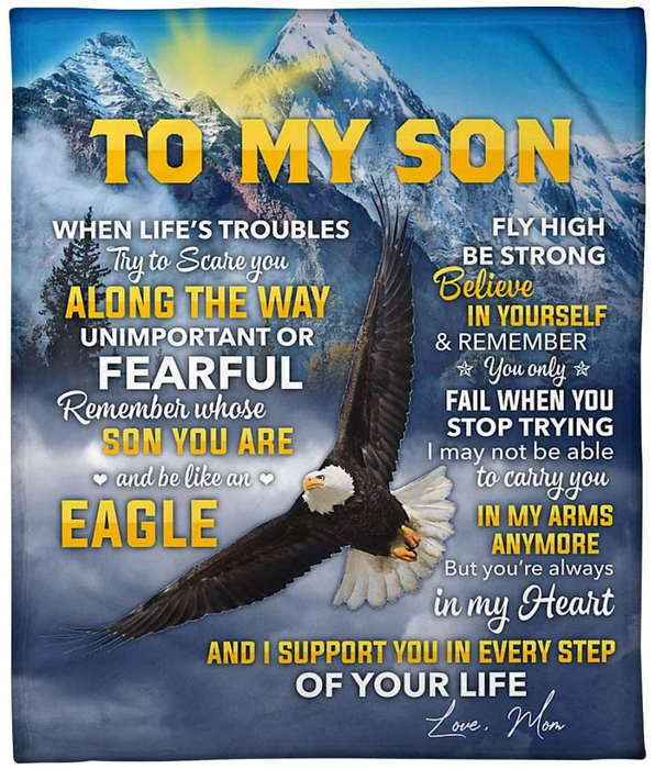 Personalized To My Son Fleece Blanket From Mom Dad I Support You In Every Step Of Your Life Eagle Flying The Mountain