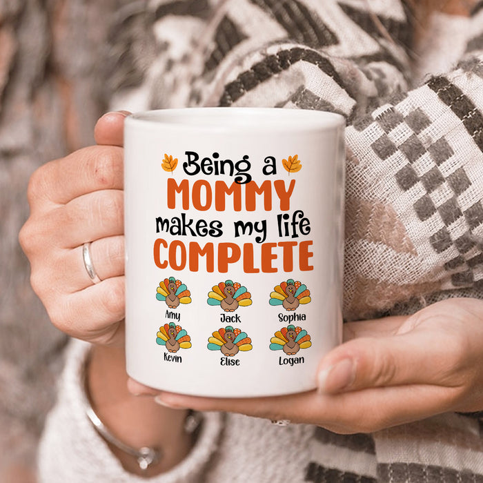 Personalized Ceramic Coffee Mug For Mom My Life Complete Turkey Print Custom Kids Name 11 15oz Funny Autumn Cup
