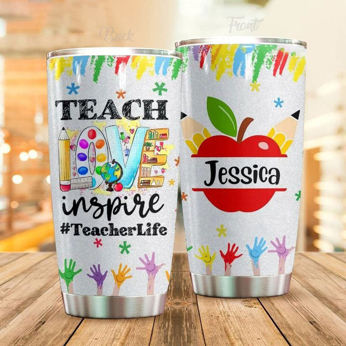 Personalized Travel Tumbler For Teacher 20oz Cup Custom Name Teach Love Inspire Handprints Apple Back To School Gifts