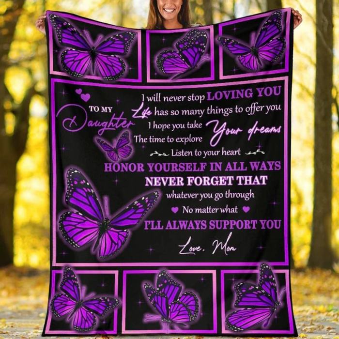 Personalized Black Fleece Blanket To My Daughter Purple Butterfly Premium Blankets Custom Name