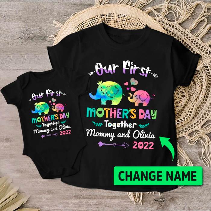 Personalized Matching T-Shirt & Baby Onesie Our First Mother'S Day Tie-Dyed Elephant & Arrows Printed Custom Name