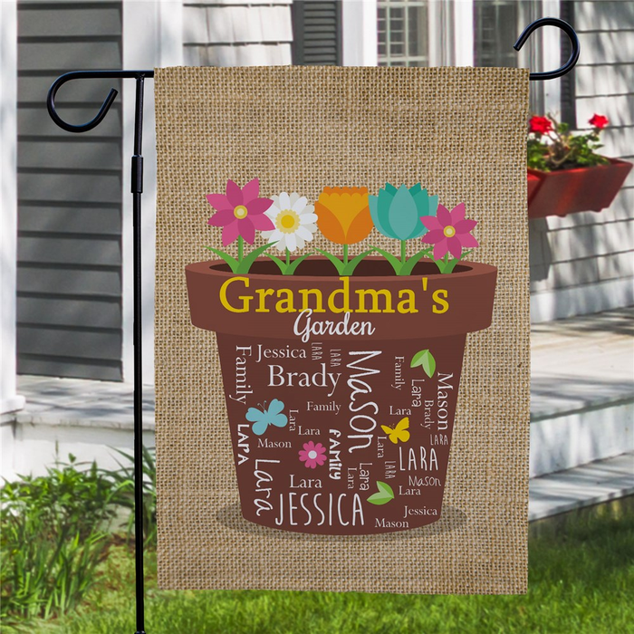 Personalized Garden Flag For Grandma Grandma's Garden Colorful Flower Pot Print Custom Grandkids Name Welcome Flag