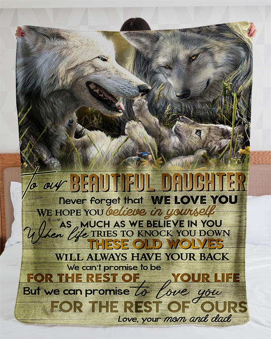 Personalized Fleece Blanket To Our Beautiful Daughter From Mom And Dad Wolf Family Print Custom Name Sherpa Blanket