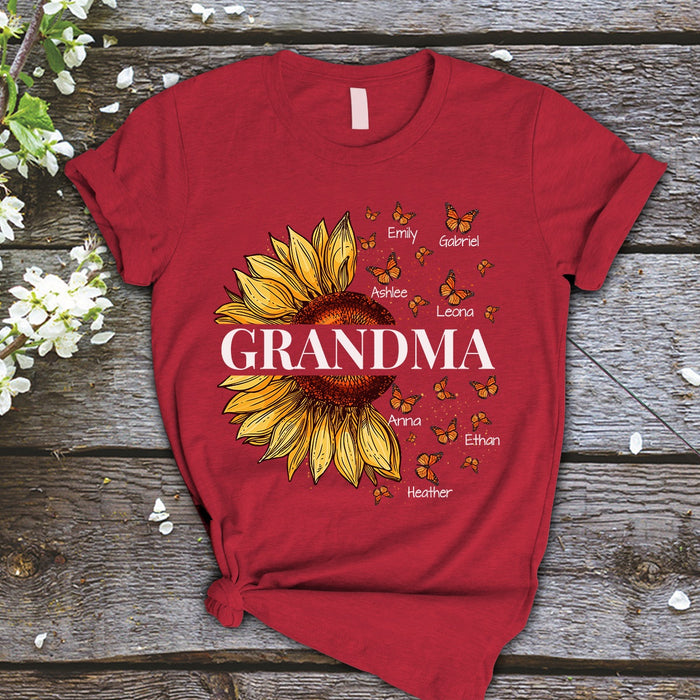 Personalized T-Shirt For Grandma Sunflower Butterfly Art Printed Custom Grandkids Name Shirt