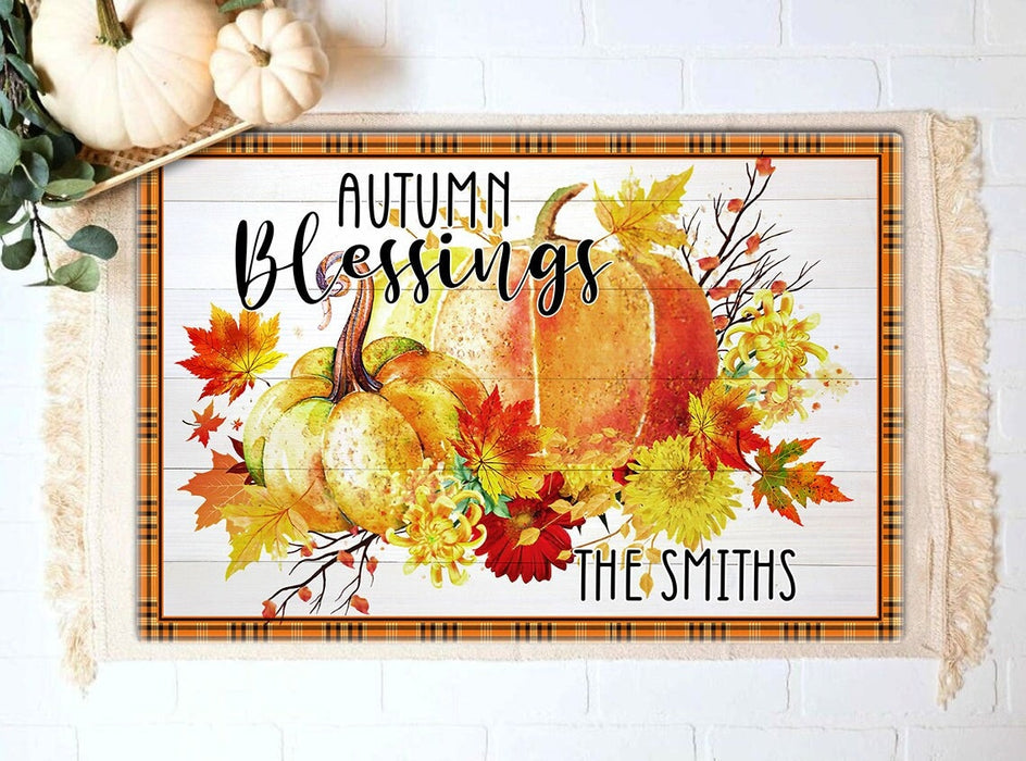 Personalized Welcome Doormat Autumn Blessing Cute Pumpkin And Flower Printed Plaid Design Custom Family Name
