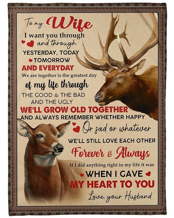 Personalized Fleece Blanet To My Wife We'Ll Grow Old Together Deer Couple Print Custom Name Valentine Blankets