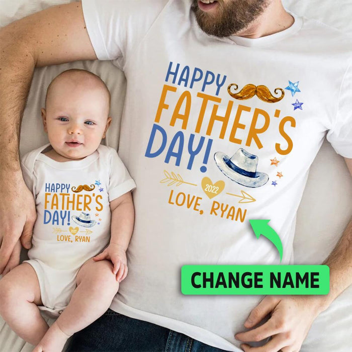 Personalized Matching T-Shirt & Baby Onesie Happy Father's Day Funny Mustache & Hat Custom Name Daddy & Baby Set