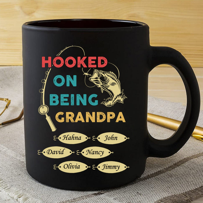 Personalized Ceramic Coffee Mug For My Grandpa Hooked On Being Vintage Fish Custom Grandkid's Name 11 15oz Cup