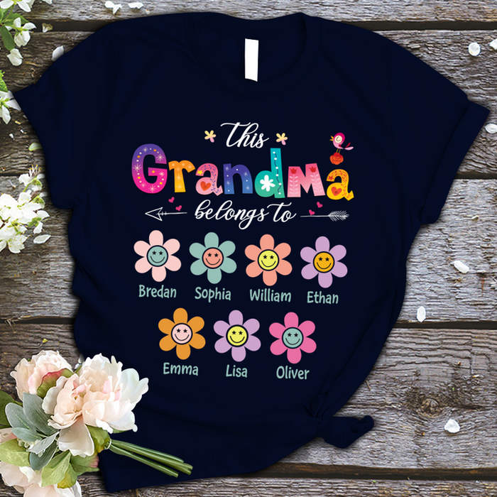 Personalized T-Shirt This Grandma Belongs To Colorful Flowers And Arrow Printed Custom Grandkids Name