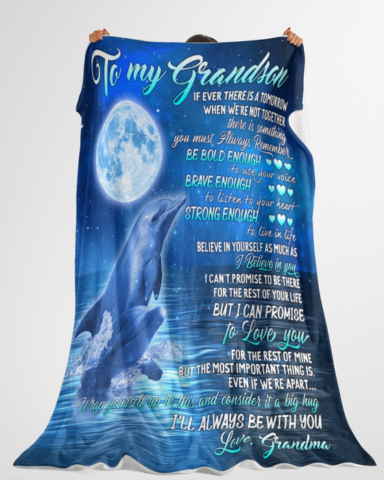 Personalized Blanket To My Grandson From Grandma My Love Old & Baby Dolphin Printed Ocean At Night Custom Name