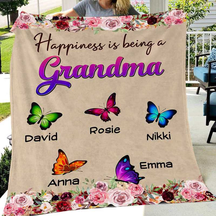 Personalized Blanket For Grandma Happiness Is Being A Grandma Flower & Butterfly Printed Custom Grandkids Name