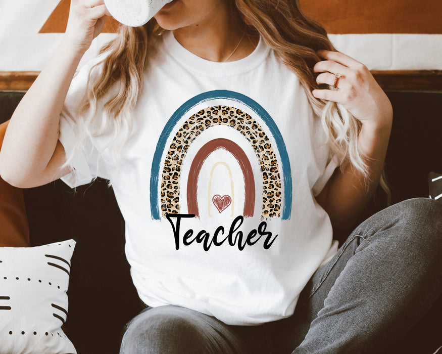 Personalized T-Shirt For Teacher Appreciation Leopard Boho Rainbow Heart Gifts For Back To School Shirt For Women Mom