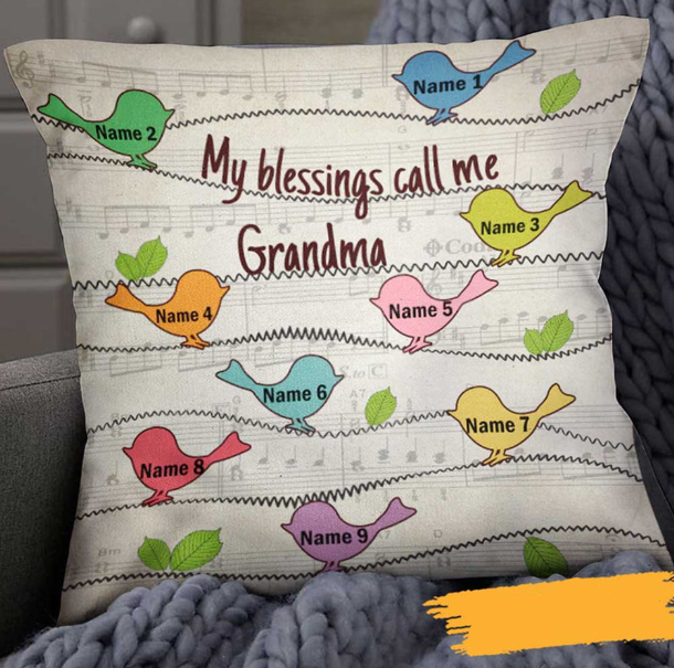 Personalized Square Pillow For Grandma My Blessings Call Me Nana Birds Custom Grandkids Name Sofa Cushion Birthday Gifts