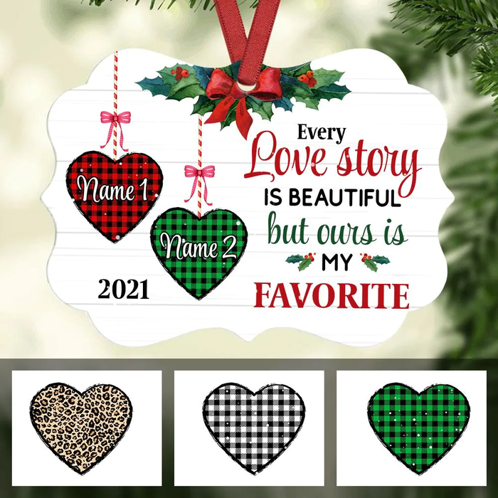 Personalized Ornament Gifts For Couples Ours Is My Favorite Buffalo Plaid Heart Custom Name Tree Hanging On Christmas