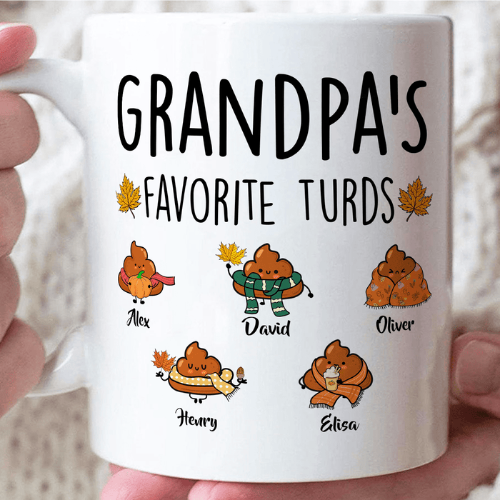 Personalized Ceramic Coffee Mug Grandpa's Little Turds Funny Shits Design Custom Grandkids Name 11 15oz Autumn Cup