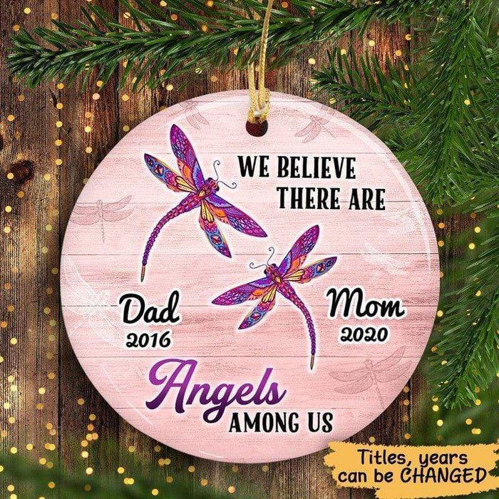 Personalized Memorial Ornament For Dad Mom In Heaven Dragonfly Wood Believe Angle Custom Name Tree Hanging Funeral Gifts