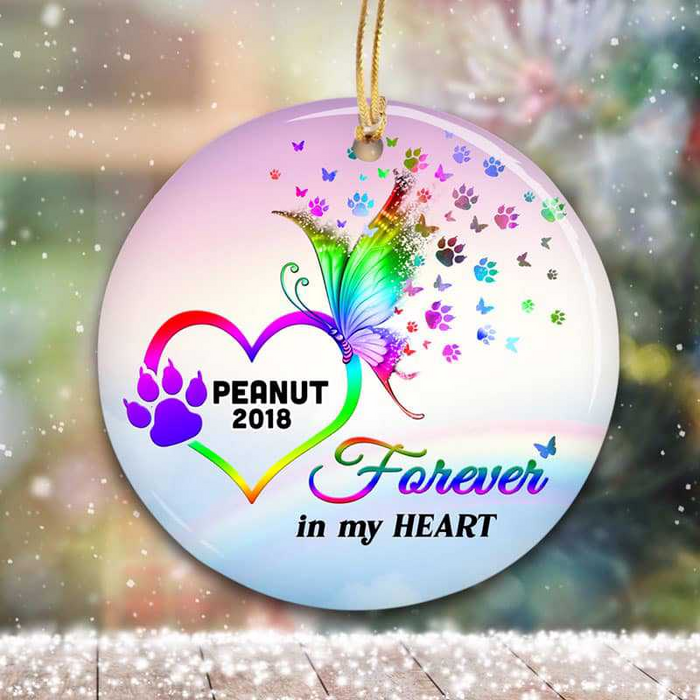 Personalized Memorial Ornament For Dog In Heaven Forever In My Heart Butterfly & Paws Heart Custom Dog's Name & Year