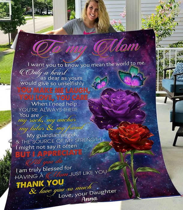 Personalized Lovely Blanket To My Mom Butterfly & Rose Fleece Blanket For Mothers Day Custom Name