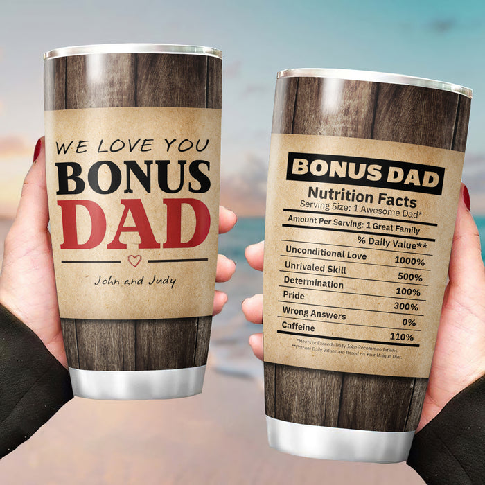 Personalized Tumbler Gifts For Bonus Dad Funny Nutrition Facts Vintage Design Custom Name Travel Cup For Christmas
