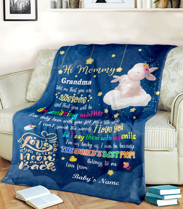 Personalized Hi Mommy Blanket From Newborn Baby Hugging Bunny Printed Custom Name Grandma Told Me That You Are Awesome