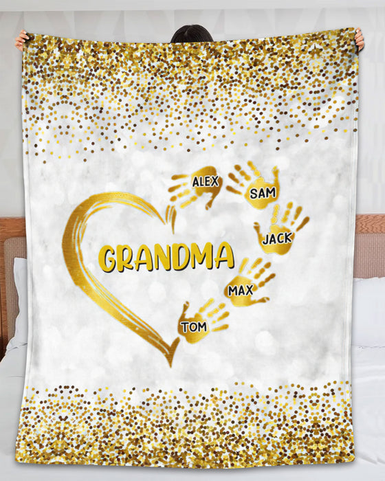 Personalized To My Grandma Blanket From Grandchild Heart Handprints Gold Printed Custom Name Gifts For Birthday